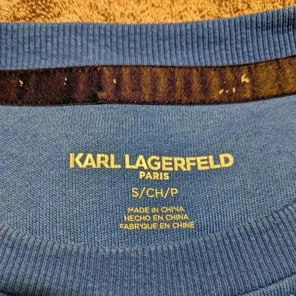 KARL LAGERFELD PARIS Navy Blue Silver‎ Sequin Logo Crew Neck Sweatshirt Sz S - Picture 6 of 7